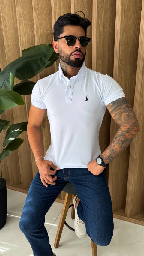 CAMISA GOLA POLO RALPH LAUREN SIMBOLO MARROM - BRANCA
