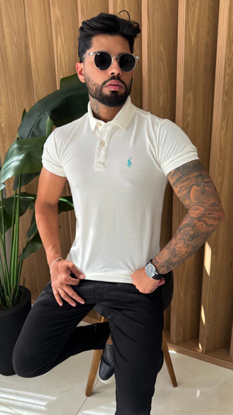 CAMISA GOLA POLO RALPH LAUREN SIMBOLO AZUL - OFF WHITE