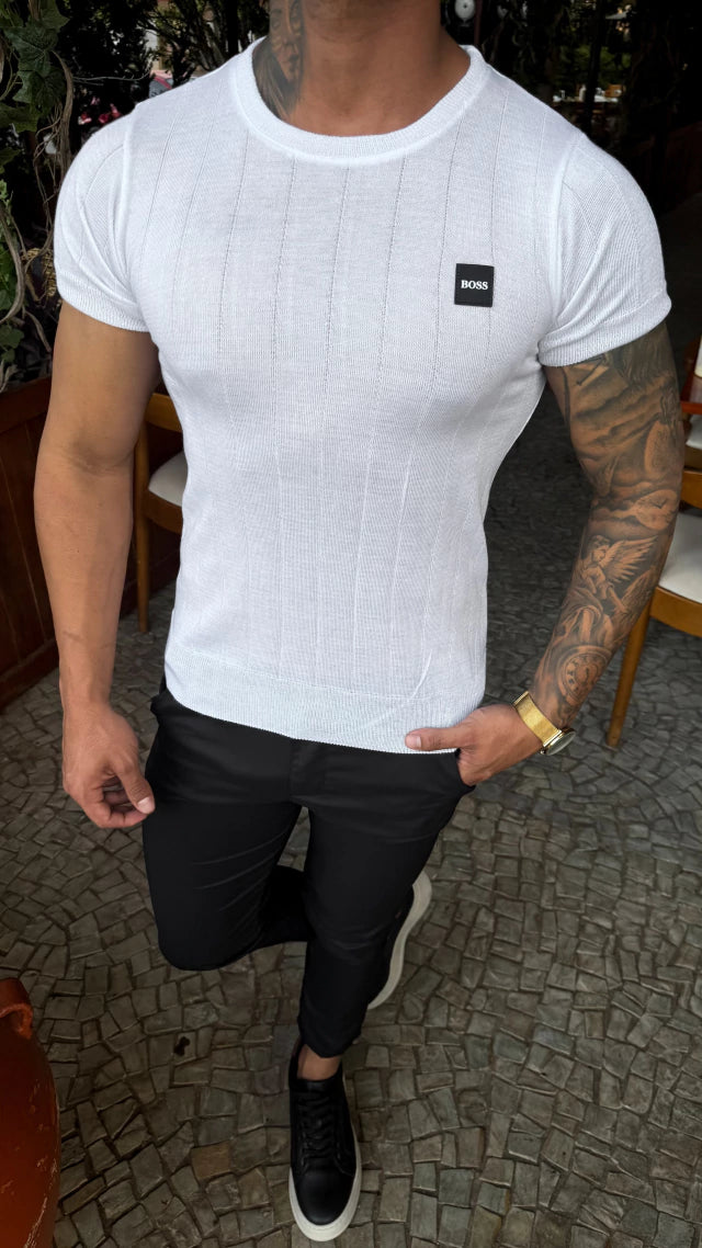 CAMISETA TRICOT TARJA BOSS - BRANCA