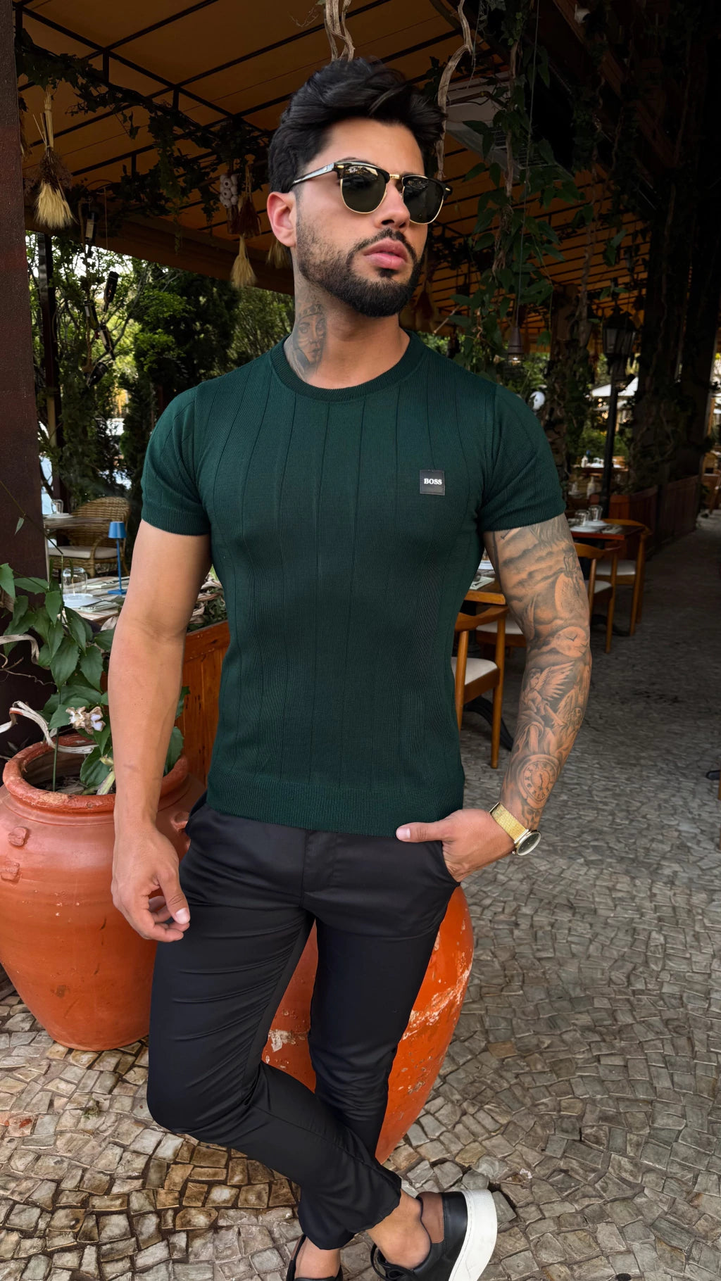 CAMISETA TRICOT TARJA BOSS - VERDE ESCURO