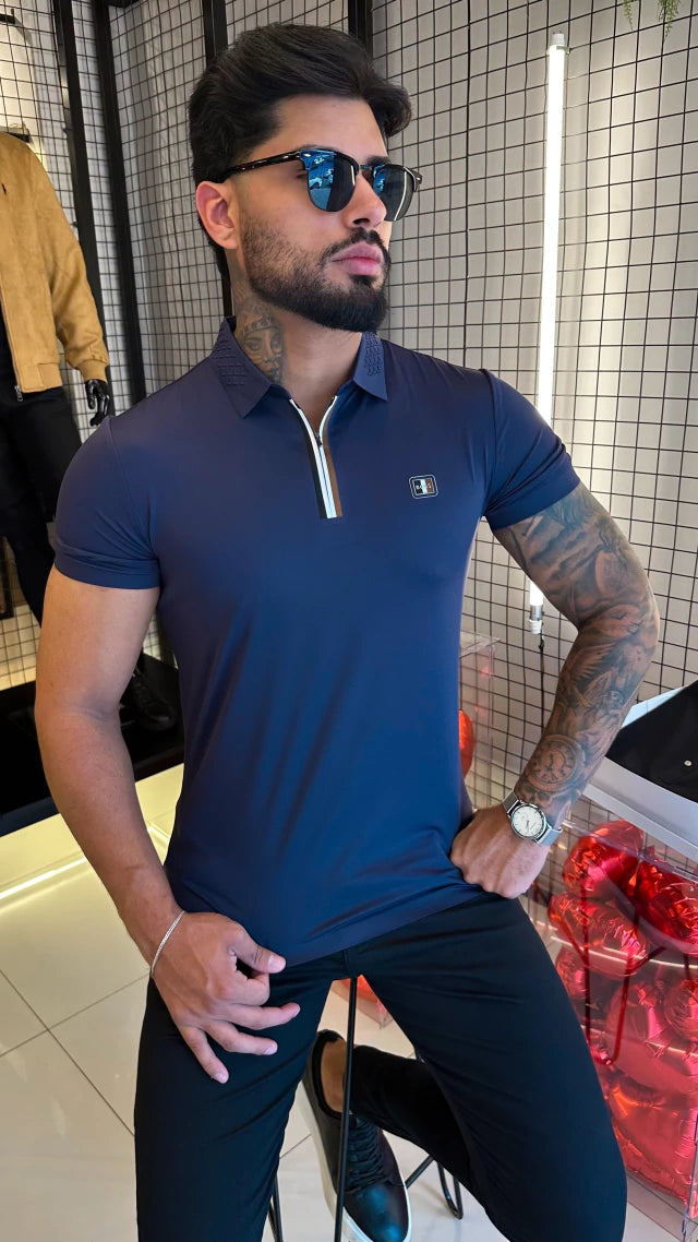 GOLA POLO BOSS ZIPER DETALHES PREMIUM - AZUL MARINHO
